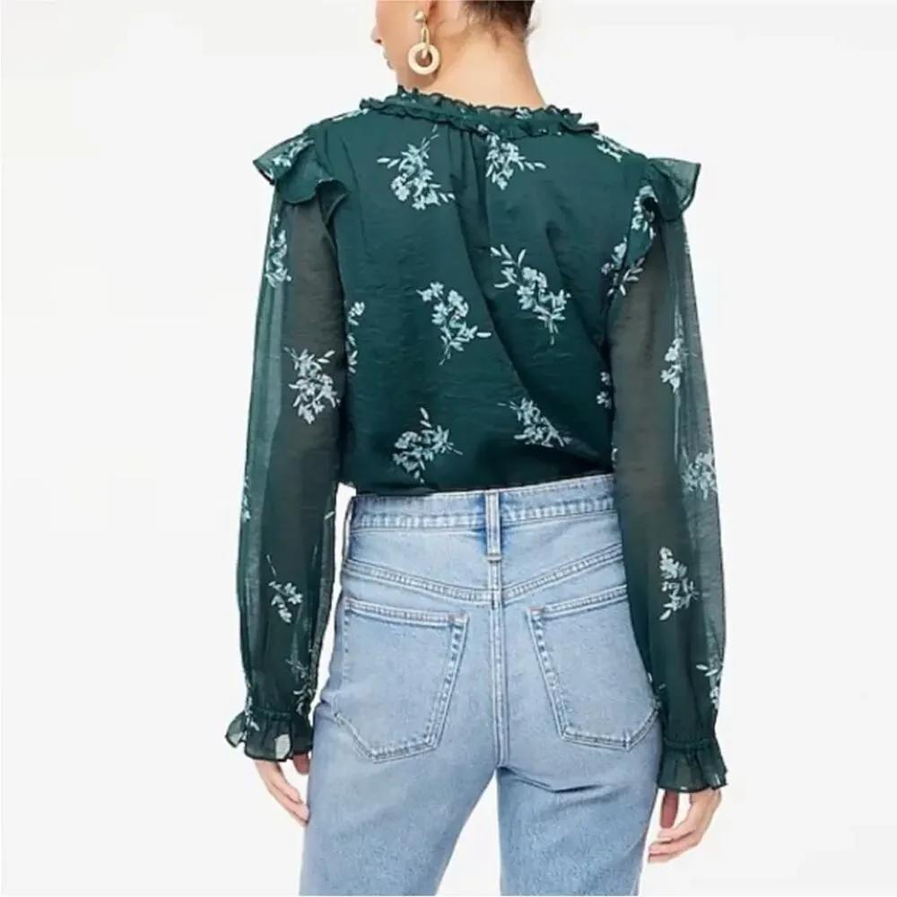NWT J CREW Green Floral Ruffle Collar Long Sleeve Lined Top BK428 Shirt SMALL